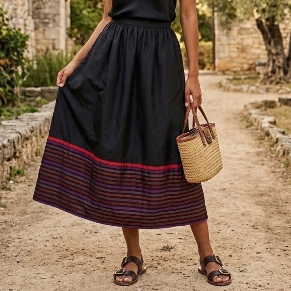 Vintage 70s Treacy Lowe London 100% Thai Silk Skirt Black Stripe Boho Maxi M